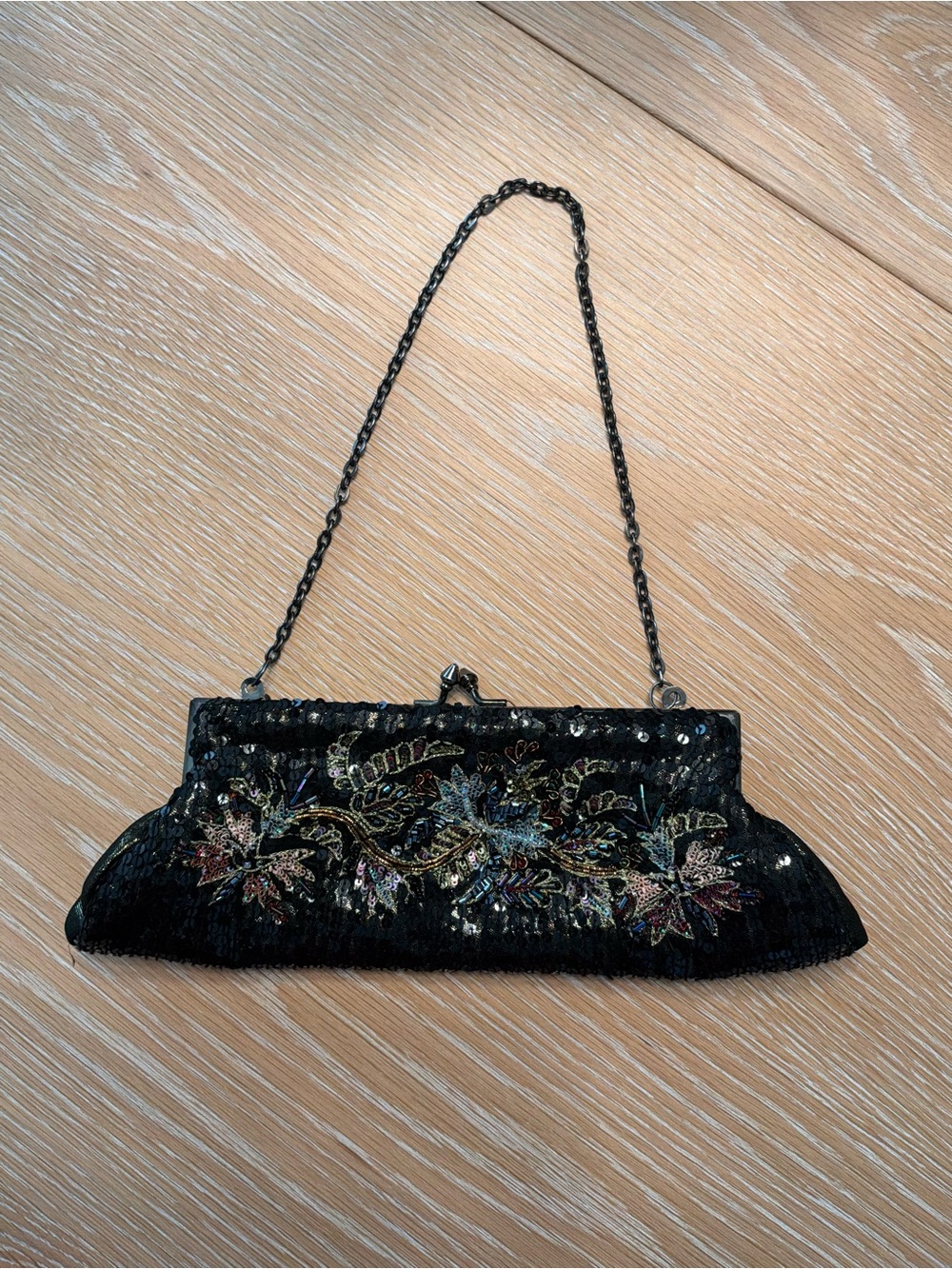 Vintage White House Black Market Black Beaded Floral Evening Clutch